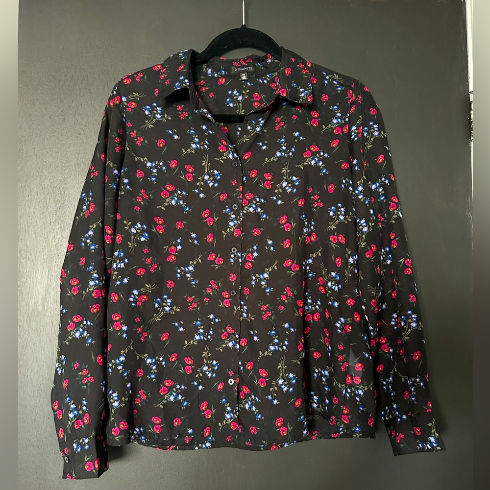 Dynamite Button-Up Semi-Sheer Floral Top - Size Small.